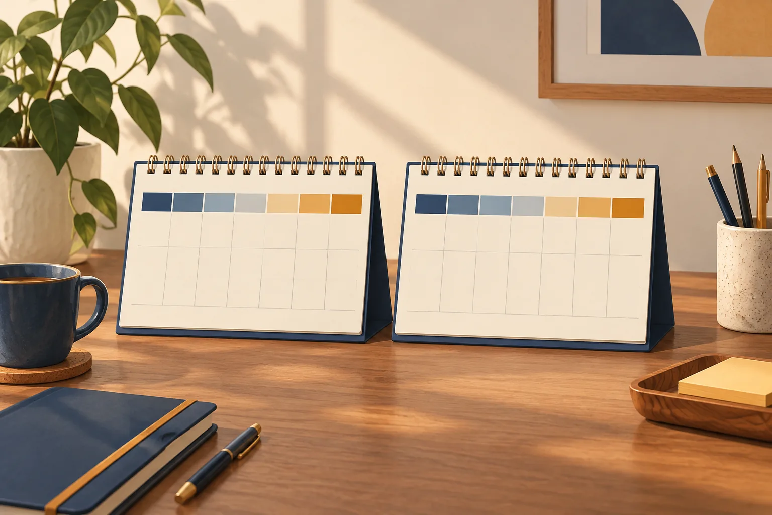 Illustration of a two-week payroll cycle marked on a desk calendar