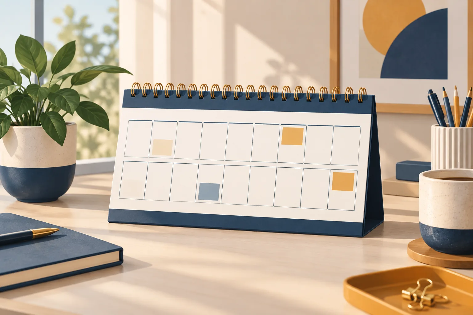 Illustration of a desk calendar with a pay envelope