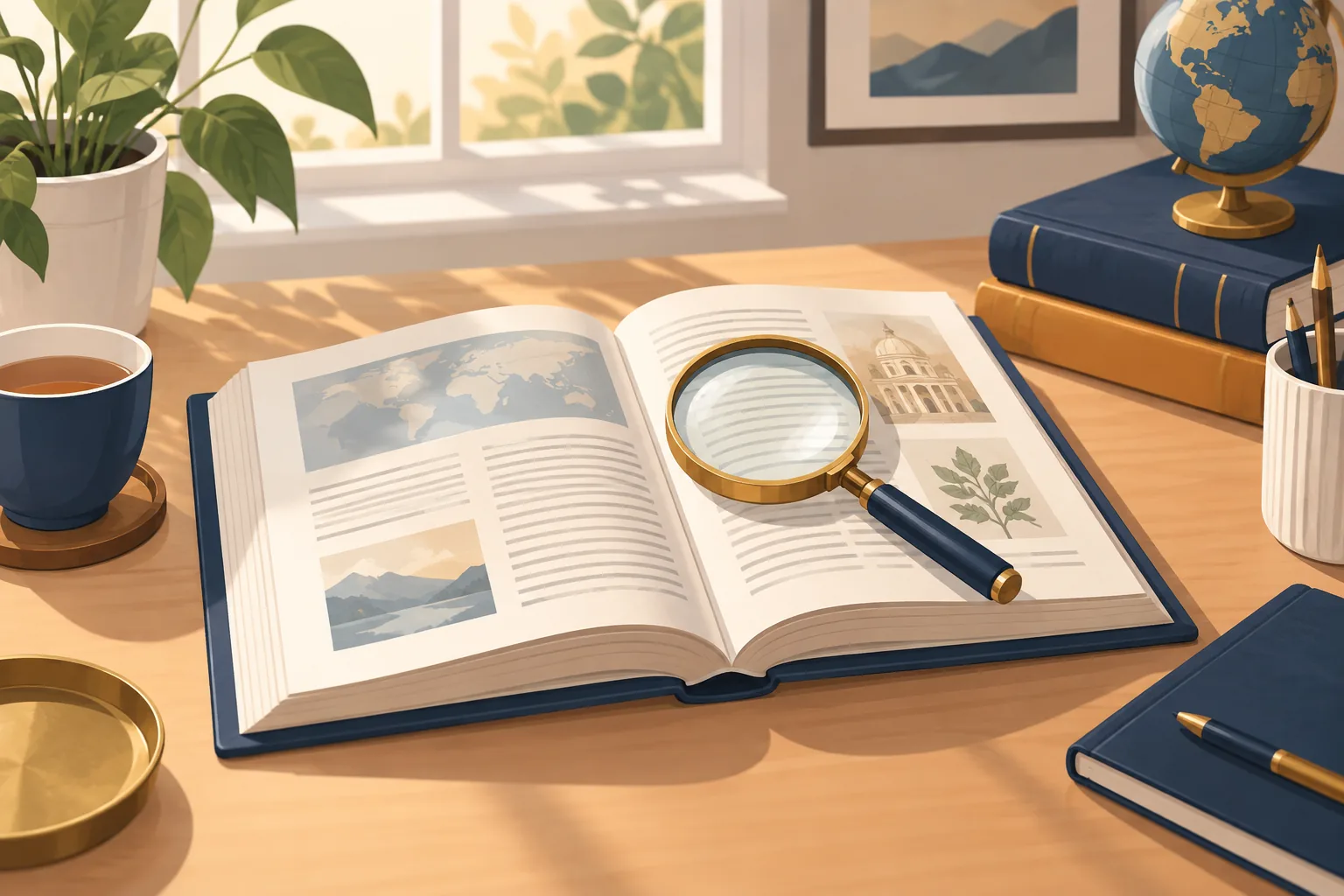 Illustration of an open reference book with glossary notes