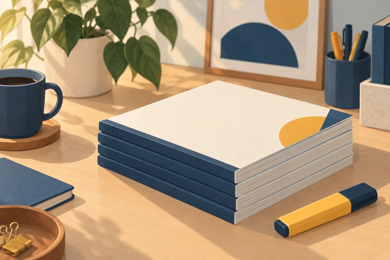 Illustration of a stack of how-to guide papers and a pen