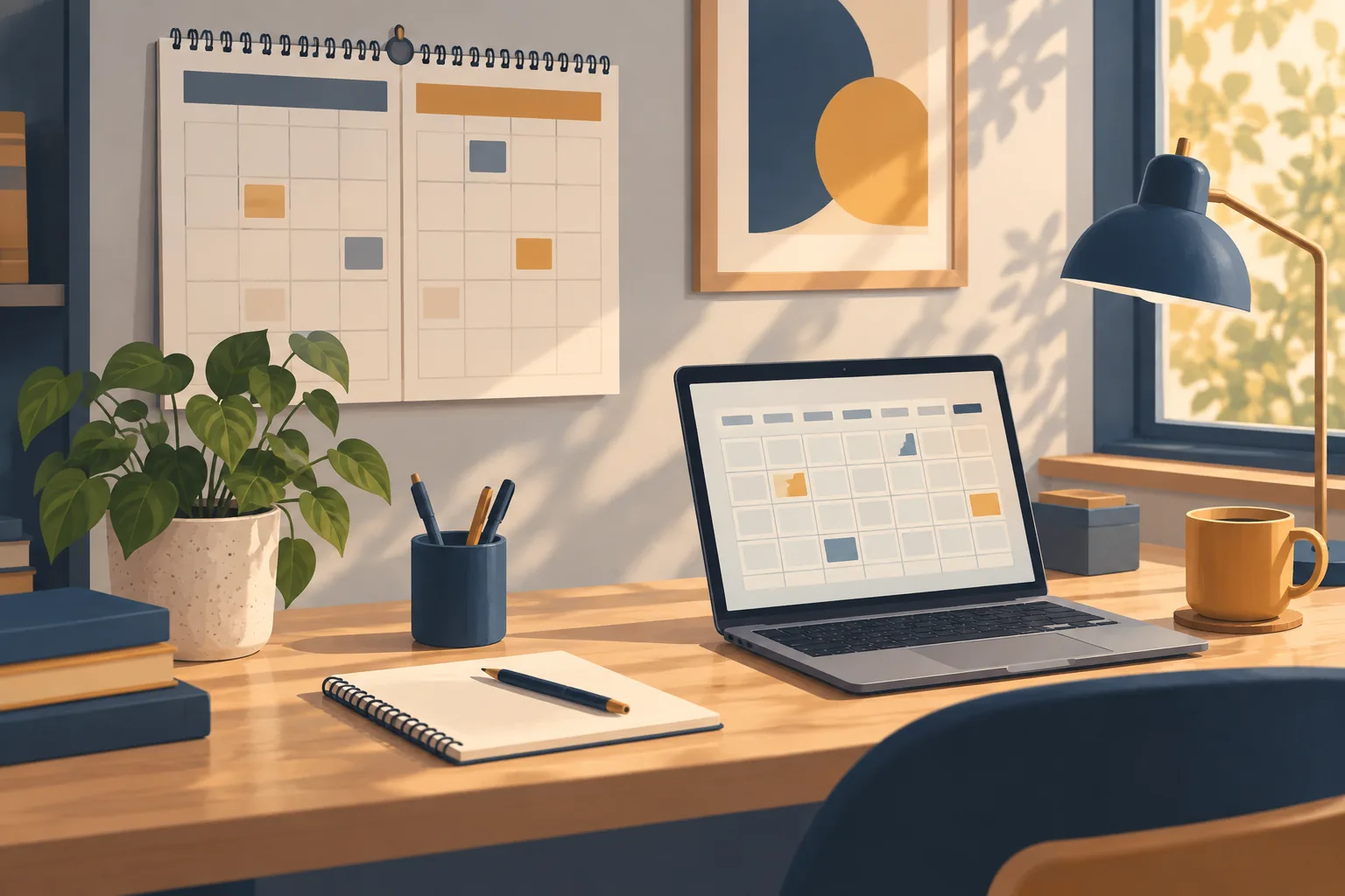 Illustration of a small business owner reviewing a payroll calendar