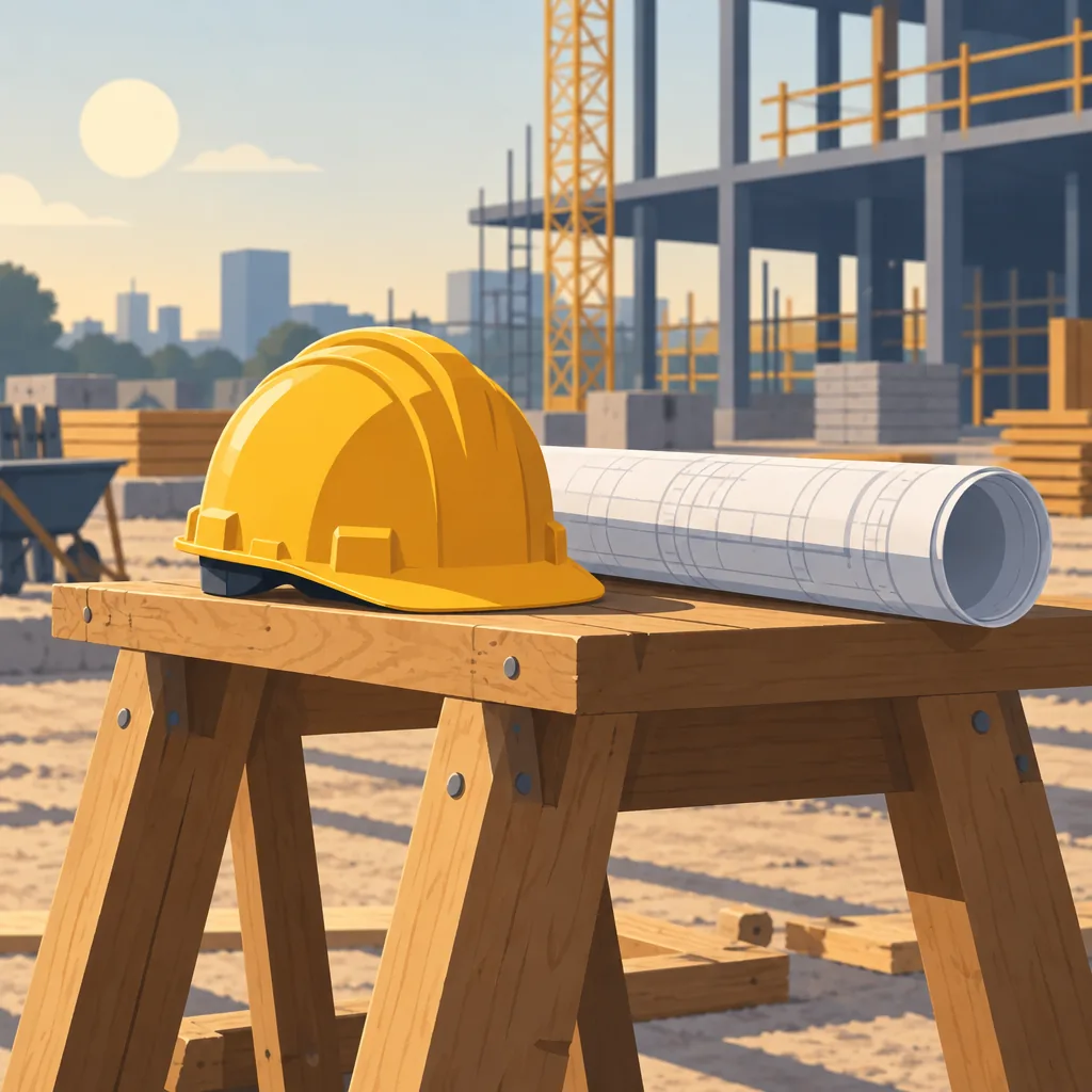 Illustration of a construction site with tools and hard hats