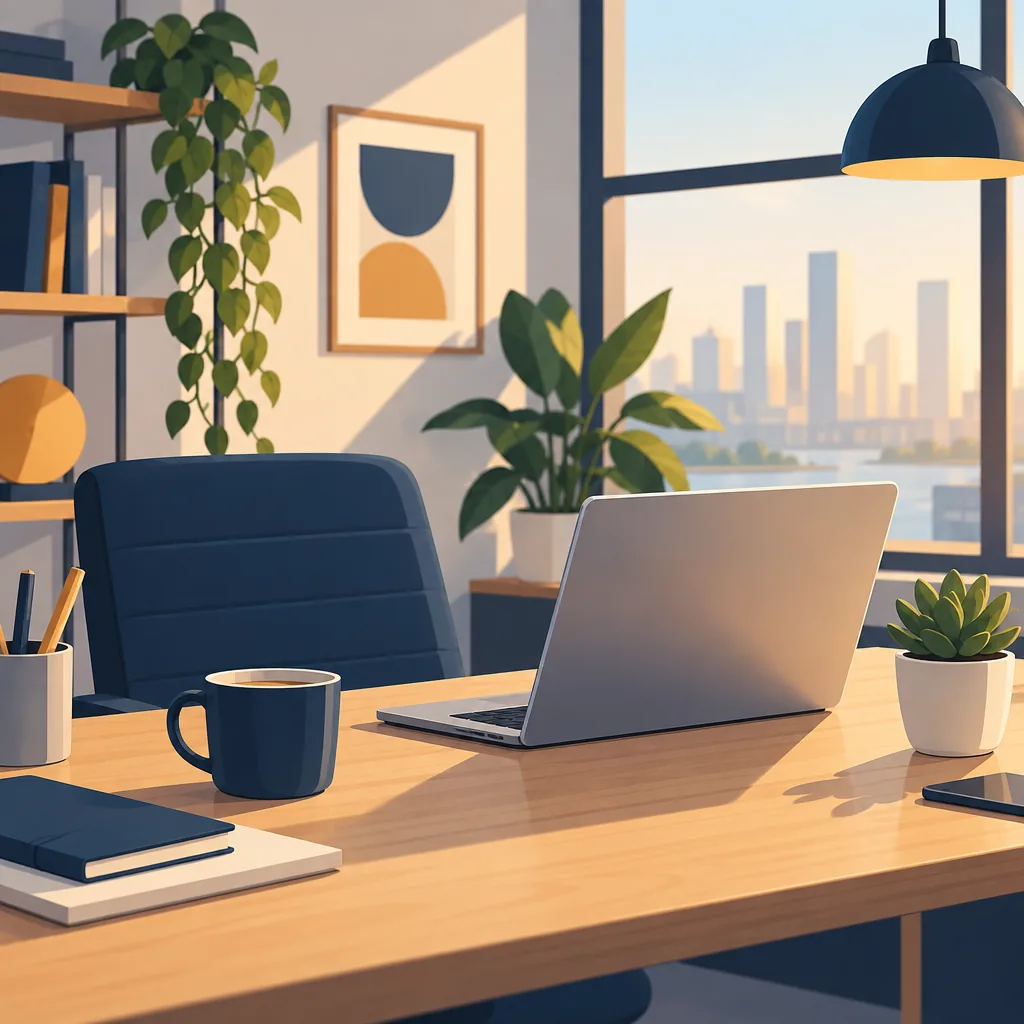 Illustration of a tech office workspace with a laptop
