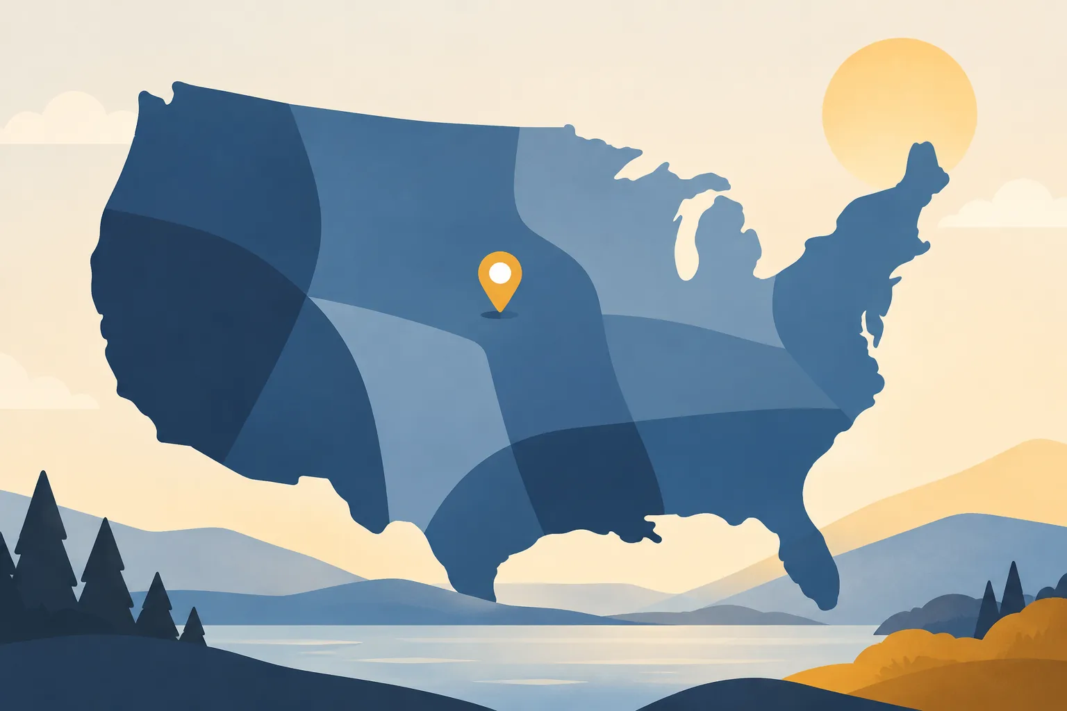 Illustration of a stylized United States map with a location pin